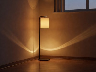 A minimalist vertical corner lamp washing a neutral apartment wall