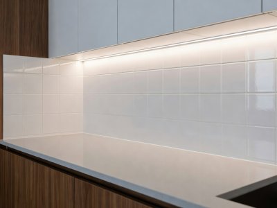 Under-counter kitchen strip highlighting a clean ceramic backsplash