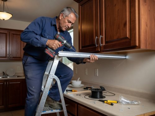 Workman affixing aluminum channel for LED strip beneath apartment kitchen cabinetry