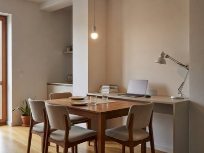 Dining and workspace bathed in steady 3500K afternoon ambient light